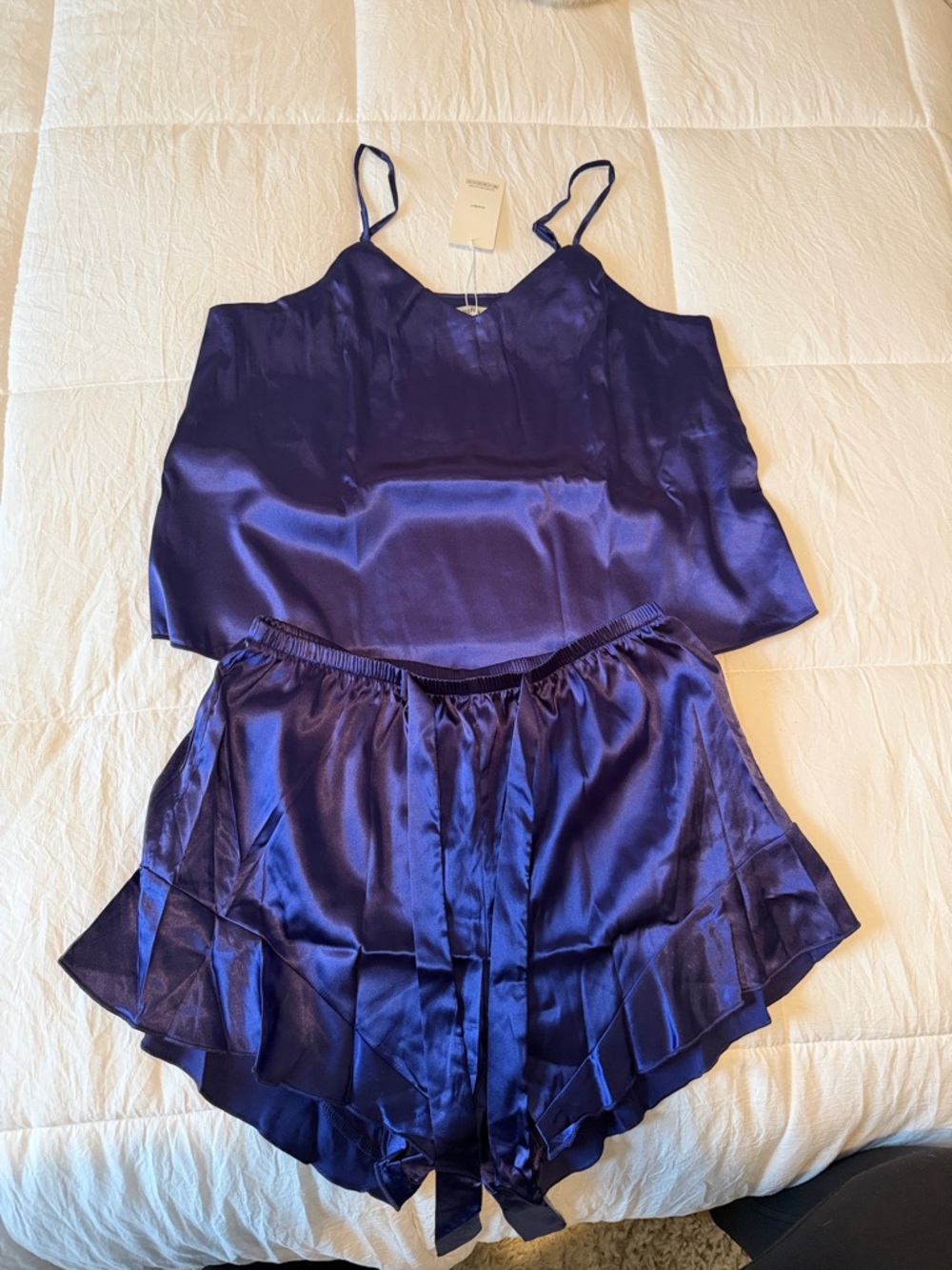 Silky Navy Blue Pajama Set - Camisole & Ruffle Shorts